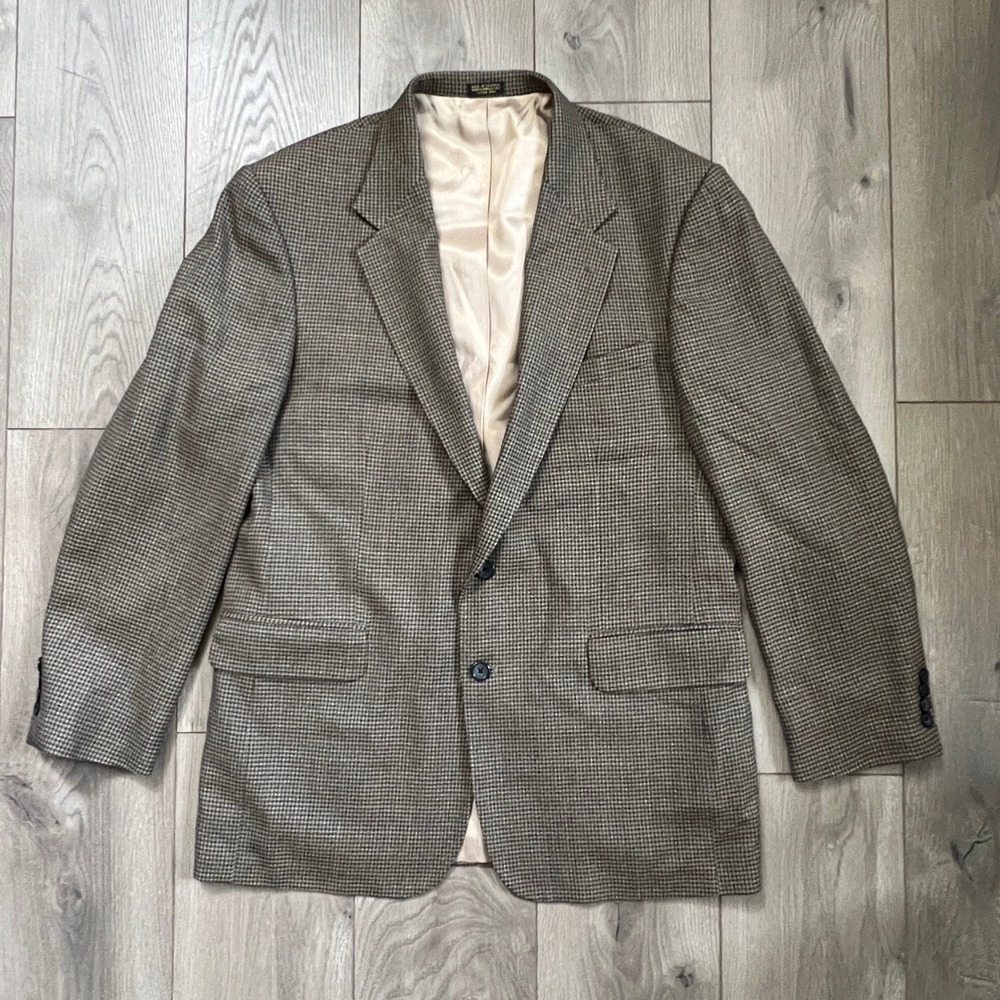 Oscar De La Renta Sport Coat Mens 44L Brown Check Wool Tweed 2 Button Blazer